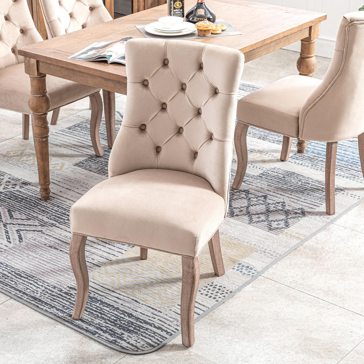 ESSZIMMERSTUHL 2er Set Samt Beige hohe Rückenlehne Massivholz - Beige, Textil (51/97/47cm) - FLIEKS