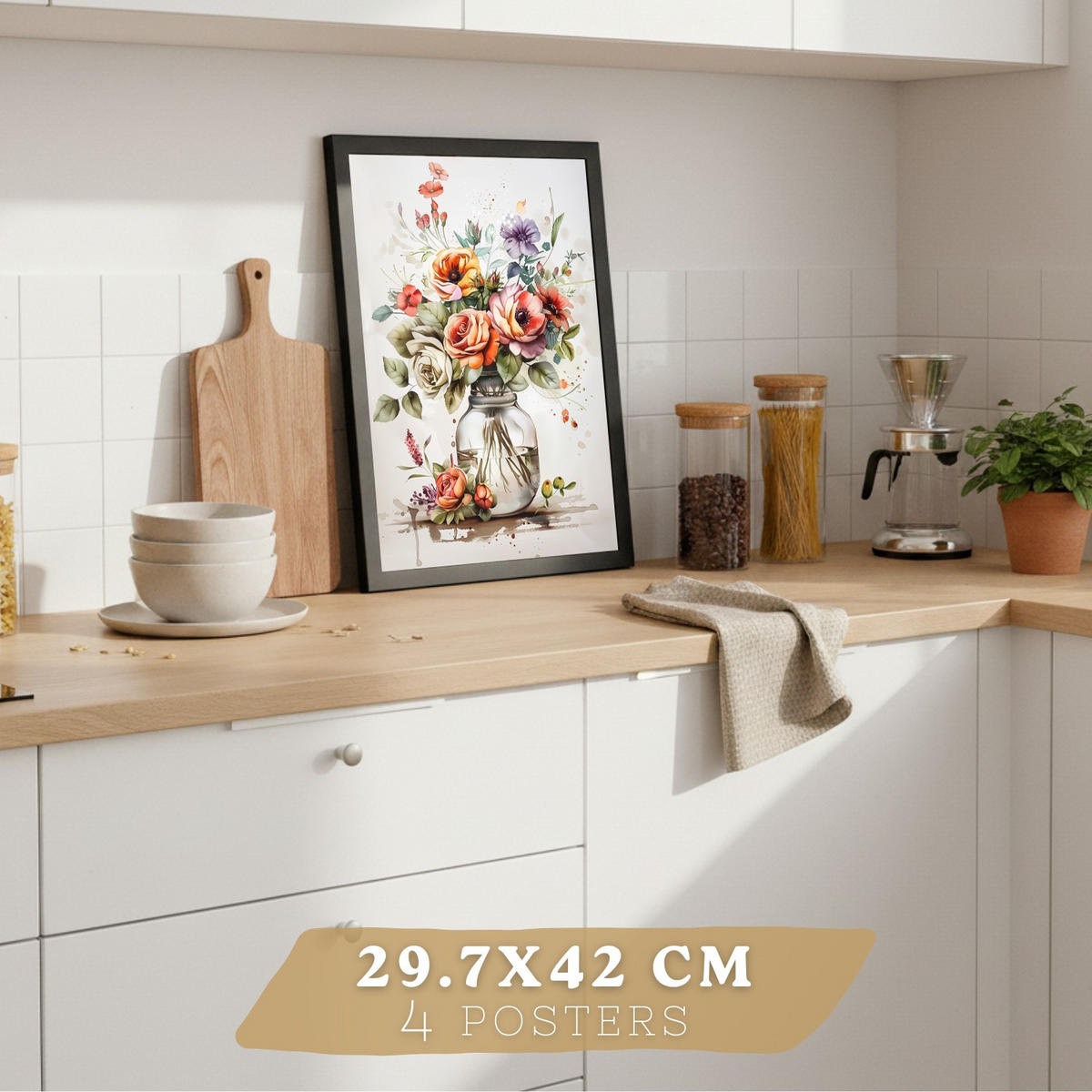 PLAKAT Sada 4 Květiny A4 Černý rám - černá, papír (29.7/1/21cm) - Nacnic