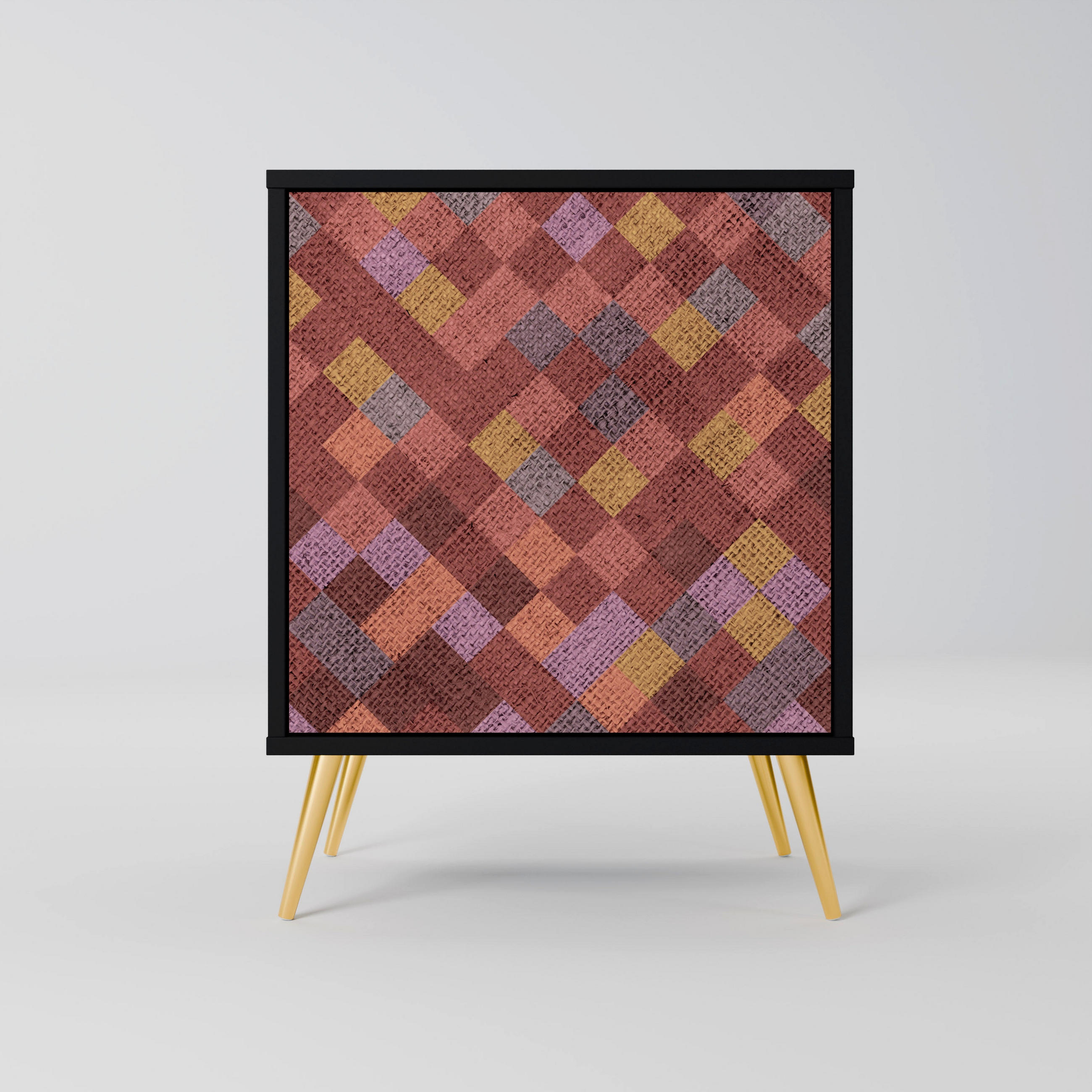SIDEBOARD PAINTED SQUARES, Schwarz, 57,5x42x75,5 cm, Goldfarbene Metallfüße - Goldfarben/Multicolor, Holzwerkstoff/Metall (57.5/75.5/42cm) - SpaceRebels