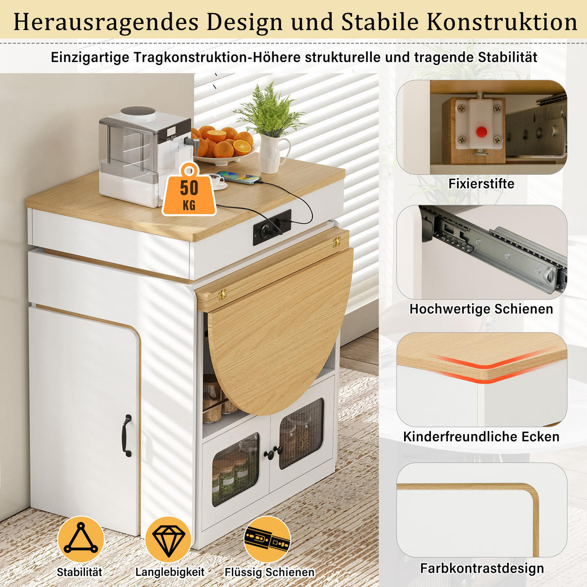 KÜCHENINSEL ausziehbar 55-194/80/95,5 cm mit LED DE-39581 Weiß - Weiß, Holzwerkstoff (80/95.5/55cm) - ComfortXL