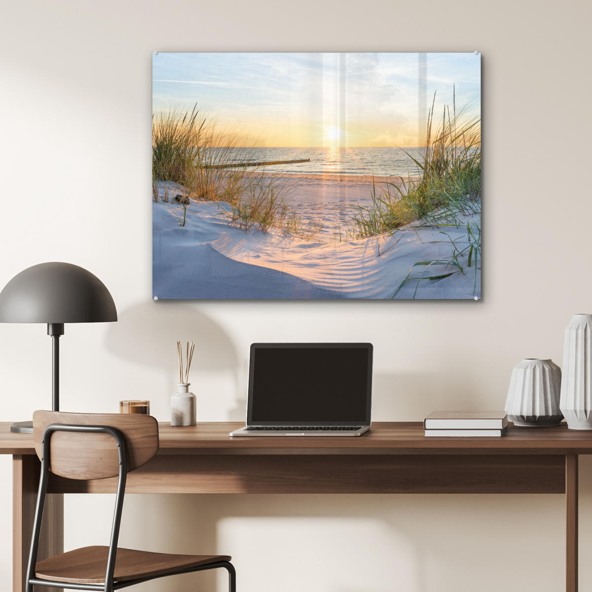 OBRAZ NA AKRYLOVOM SKLE Pláž - Slnko - Duny - Tráva - Piesok - Horizont 80x60 cm - svetlomodrá, sklo (80/60cm) - MuchoWow