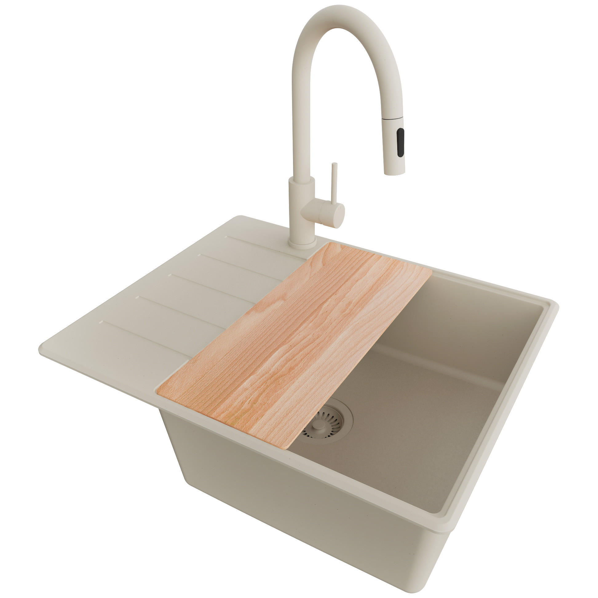 GRANITSPÜLE Kopenhagen, 2-er set Beige 62/50 cm 1 Becken + Küchenarmatur 40/20 cm + Ablauf-Set + Schneidebrett ab 50er Unterschrank - Beige, Kunststoff (62/20/50cm) - Primagran