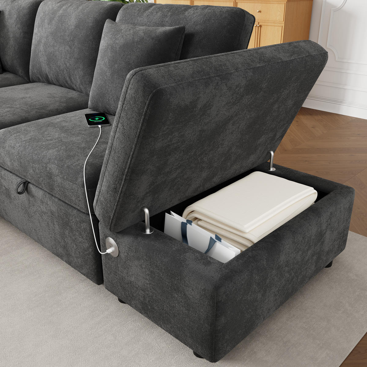 ECKSOFA mit Schlaffunktion Stauraumhocker USB/Type-C Chenille Grau - Grau, Textil (247.5/172cm) - EVRYAE