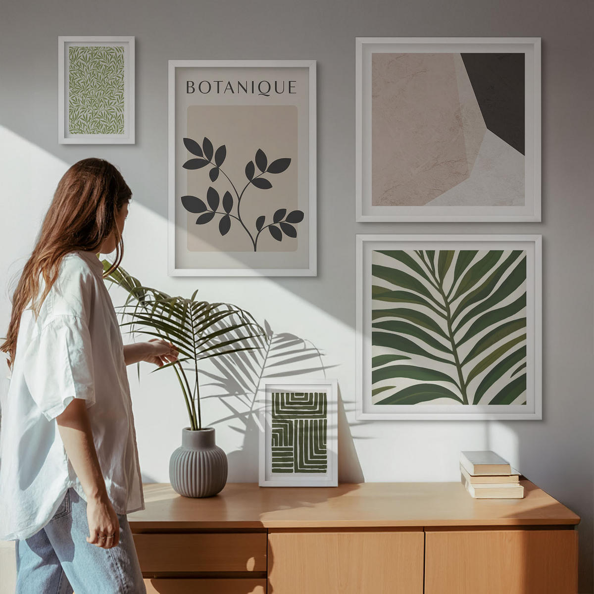 BILDER SET 5er Set - 50x50 cm & 20x30 cm & 40x60 cm Weißer Rahmen - Botanische Boho-Kompositionen - Weiß, Kunststoff (40/60cm) - TULUP