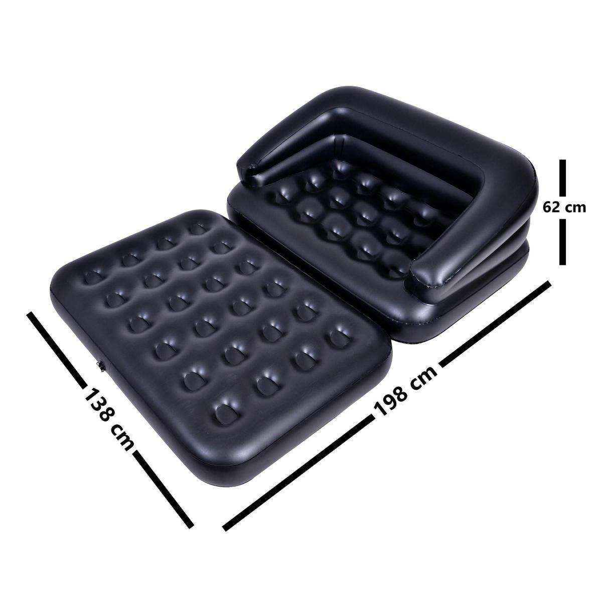 LUFTSOFA aufblasbares Sofa 198 x 138 x 62 cm schwarz wandelbar zum Doppelbett - Schwarz, Kunststoff (138/62/198cm) - Avenli