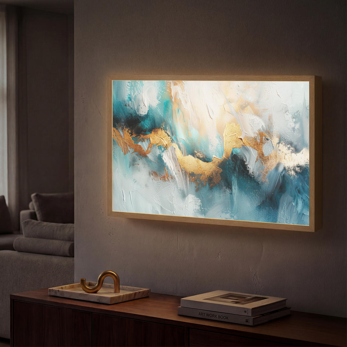 NÁSTĚNNÁ LAMPA S AKUMULÁTOREM Abstraktní - umění - zlatá - modrá 60x40 cm - tyrkysová, kompozitní dřevo (60/40/8cm) - OnlyWow