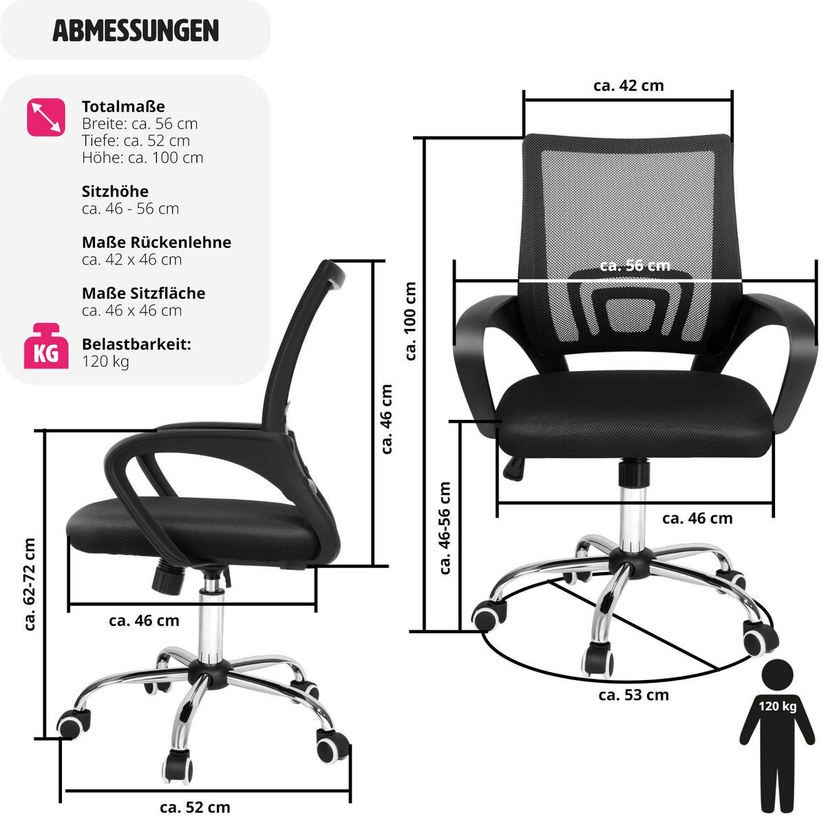 BÜROSTUHL Marius, stufenlos höhenverstellbar, schwarz - Schwarz, Textil (52/100/56cm) - tectake