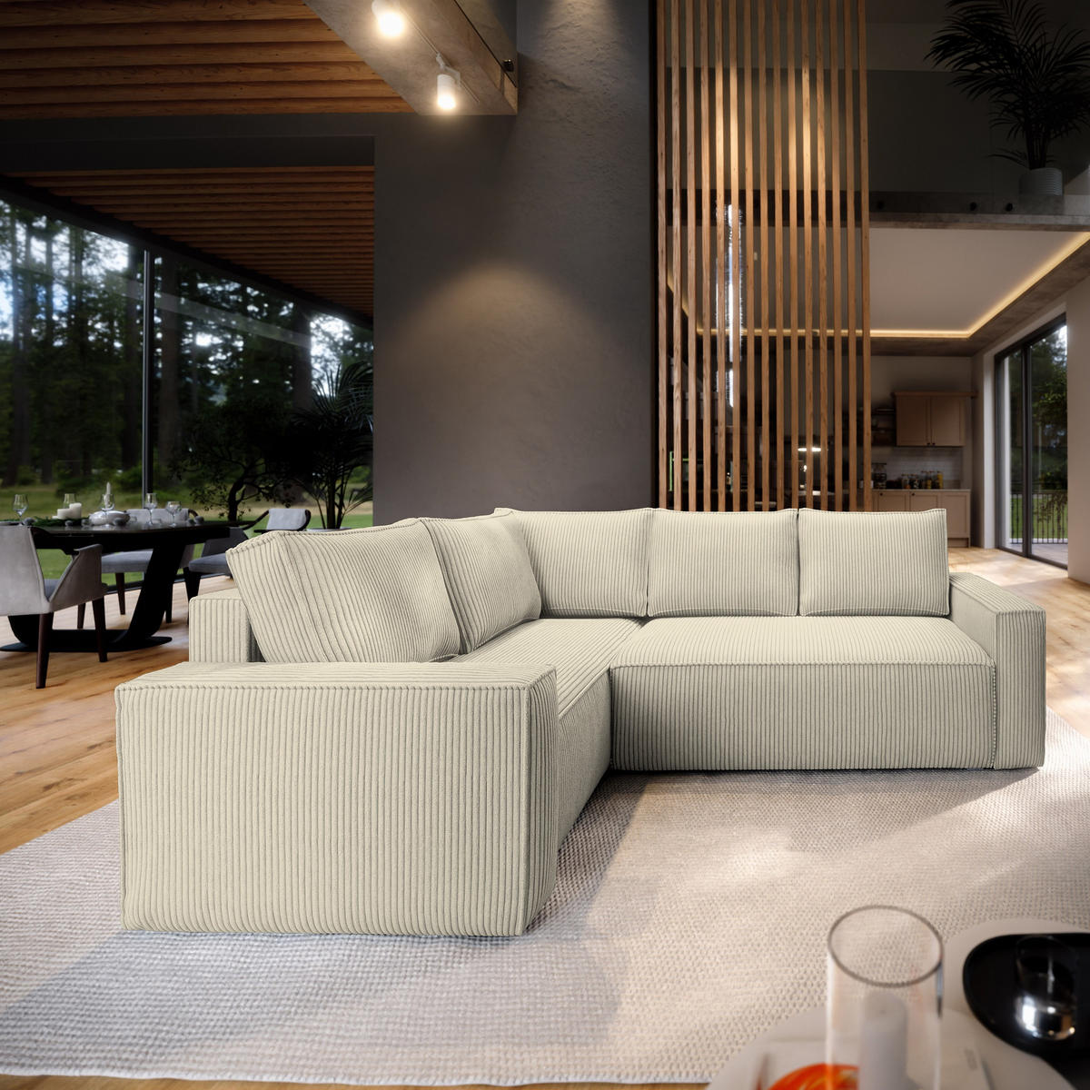 ECKSOFA ESTANO L-S Creme Kordstoff mit Schlaffunktion - Creme, Holz (230/158cm) - MASSENO