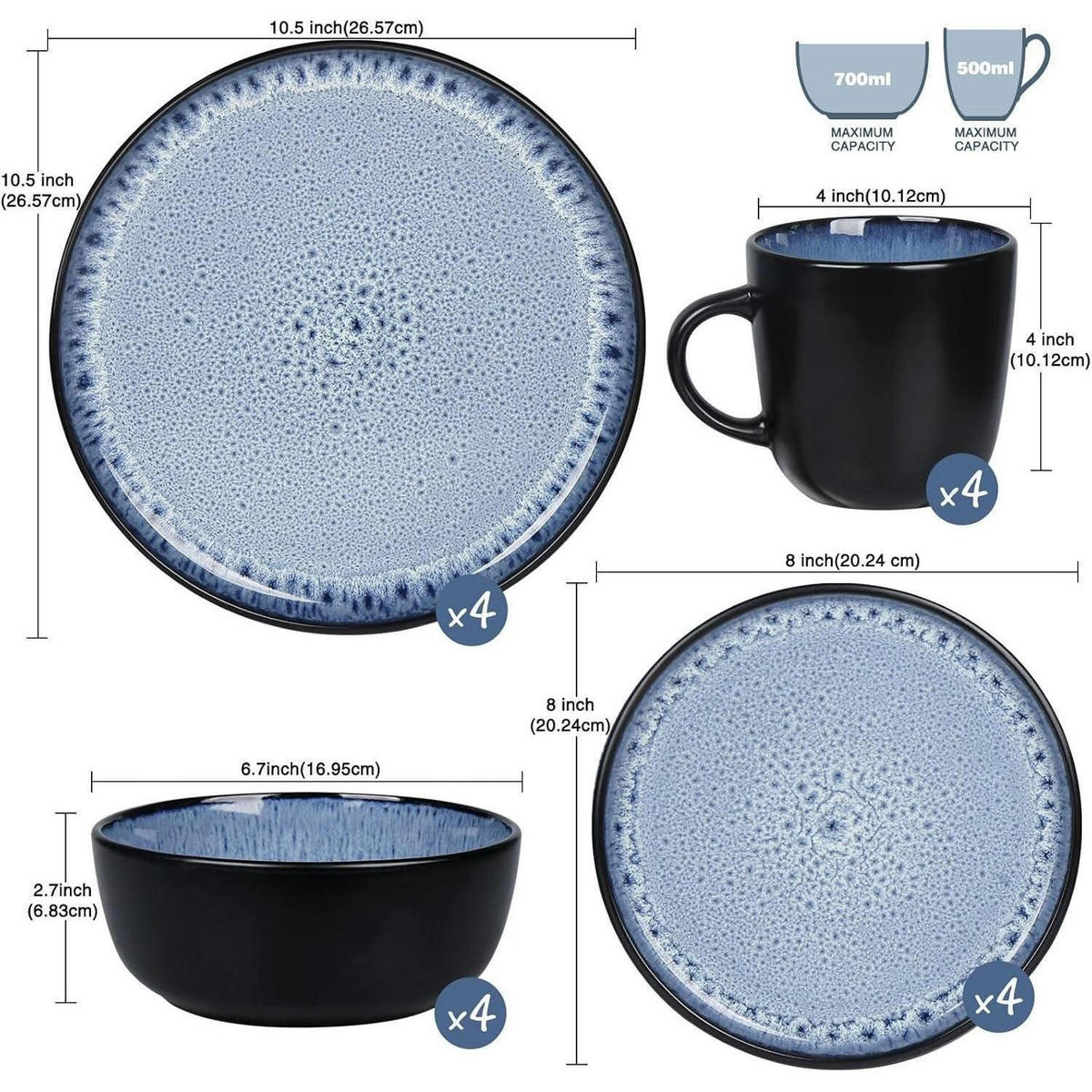 GESCHIRRSET 16-teilig Steingut für 4 Personen - Blau, Keramik (26.6/6.9/26.6cm)