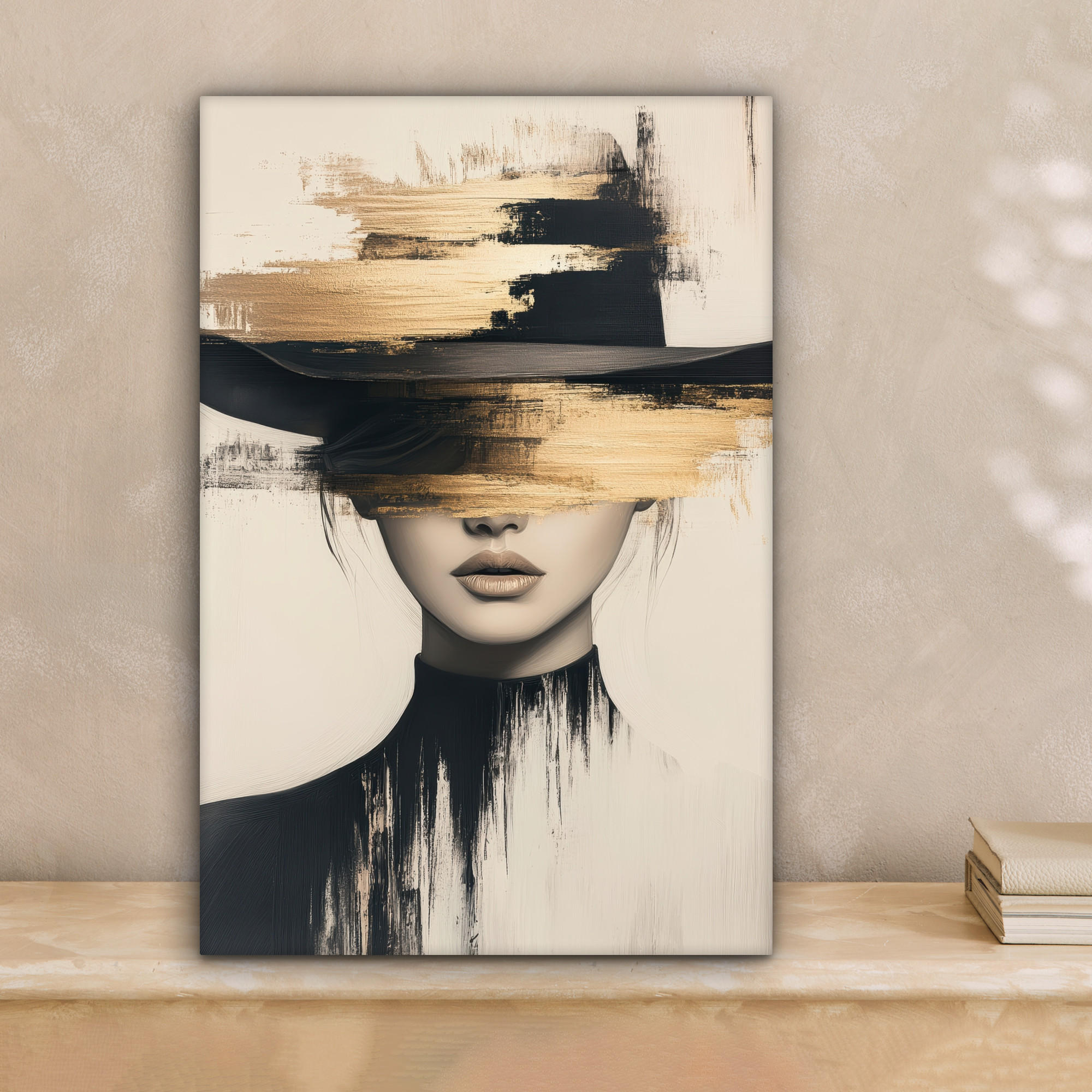 LEINWANDBILD Frau - Hut - Farbe 20x30 cm - Goldfarben, Textil (20/30cm) - MuchoWow