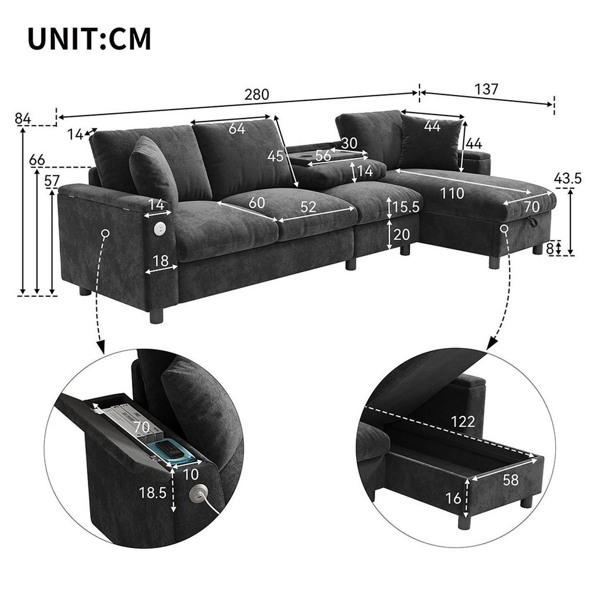 ECKSOFA L-förmige Ecke und zwei Armlehnen mit Stauraum,Chenille-Stoff,Grau - Grau, Textil (137/280cm) - KOMHTOM