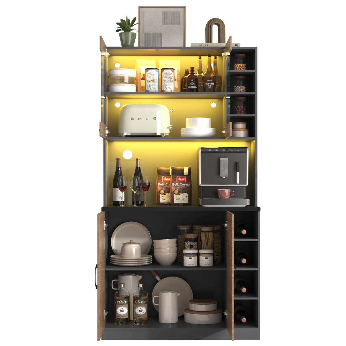 BUFFET Aufbewahrungsschrank 100x47x187cm Natur mit Glas & LED Beleuchtung - Naturfarben, Holzwerkstoff (47/187/100cm) - Modfu