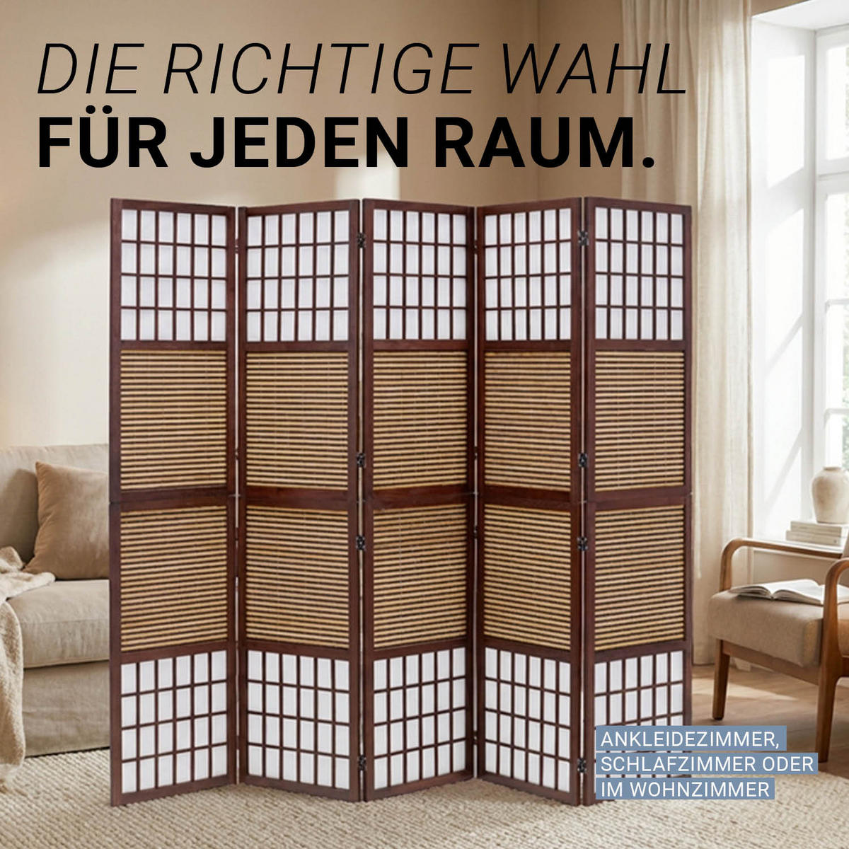 PARAVENT 5-tlg. 220/175 cm Braun Bambuslamellen - Braun, Holz (220/175/2cm) - Homestyle4u