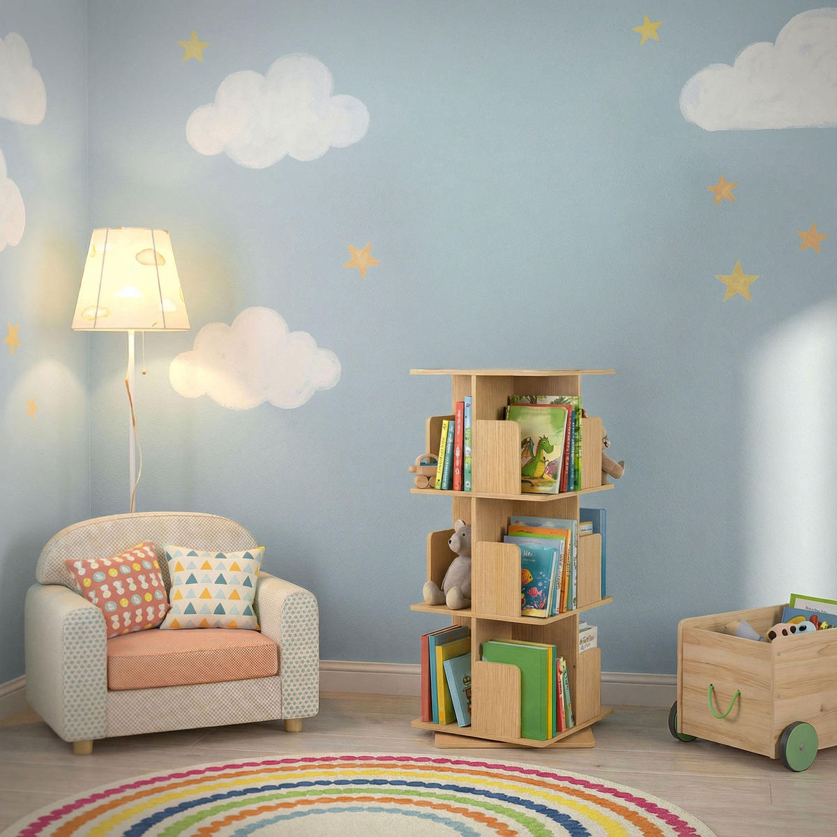 BÜCHERREGAL Kinder mit 3 Ebenen Eiche 40x94x40 cm Drehbar 360 Grad - Beige, Holzwerkstoff (40/94/40cm) - ML-DESIGN