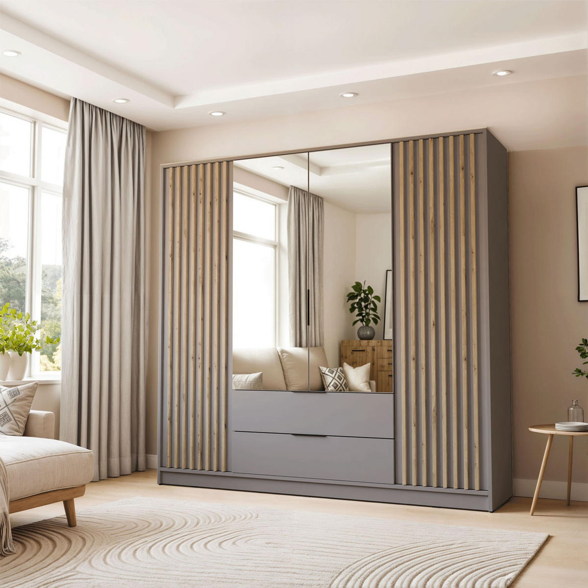 KLEIDERSCHRANK NELA, viertürig mit Lamellen und Spiegel, 206 cm. Grau/Artisan - Grau, Holzwerkstoff (206/200/51cm) - Lookway