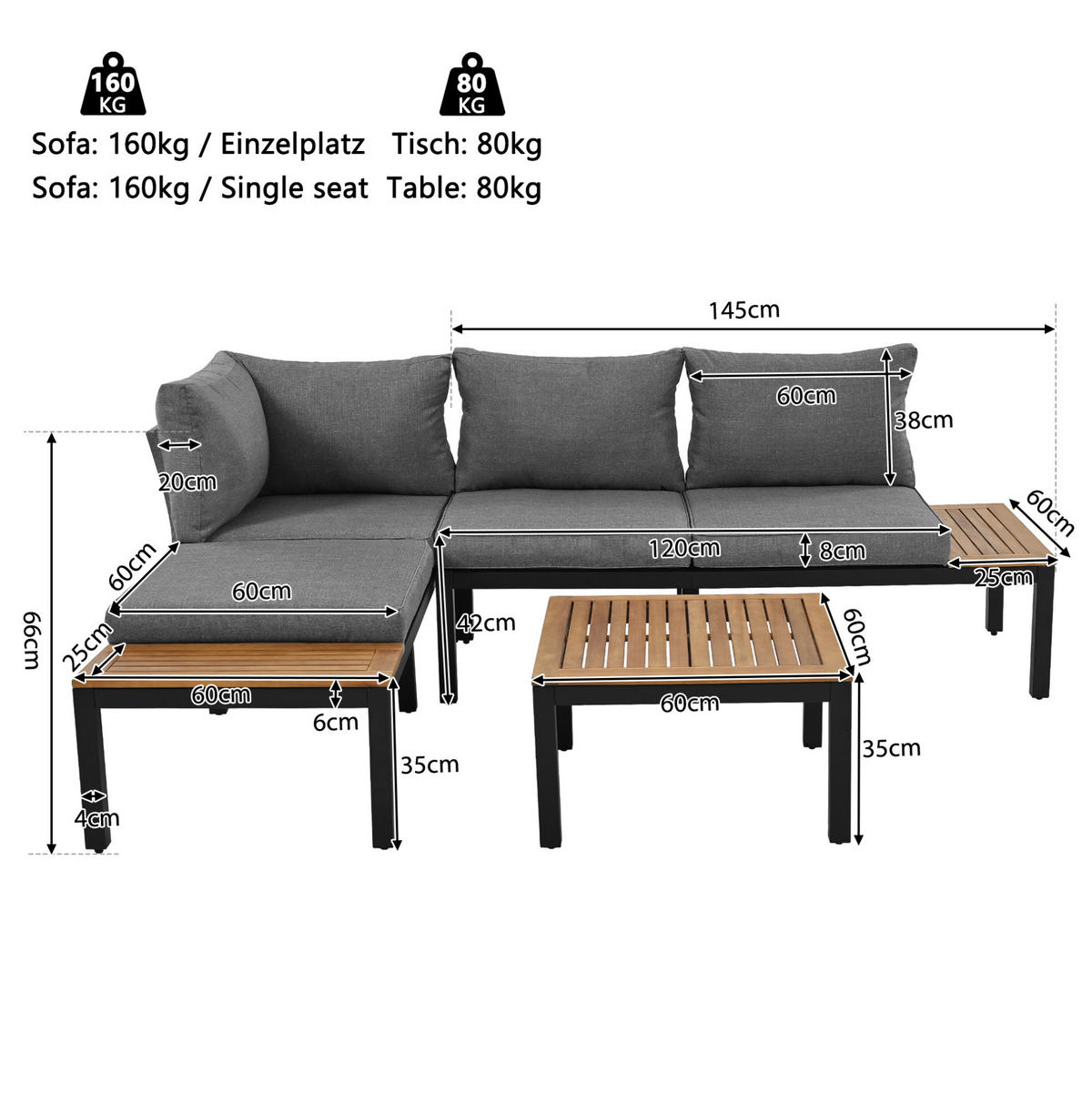 GARTENMÖBEL 120x60x66cm grau aus Stahl und Akazie, mit Kissen - Grau, Metall - Modfu