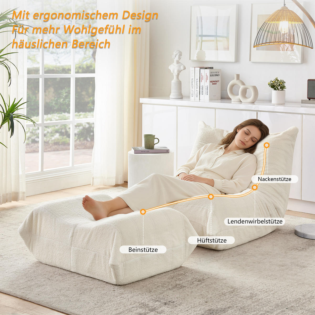 LAZY SOFA Teddypäls-look med Pall mjuk & ergonomisk - Beige, Textil (100/70/90cm) - Urban Meuble