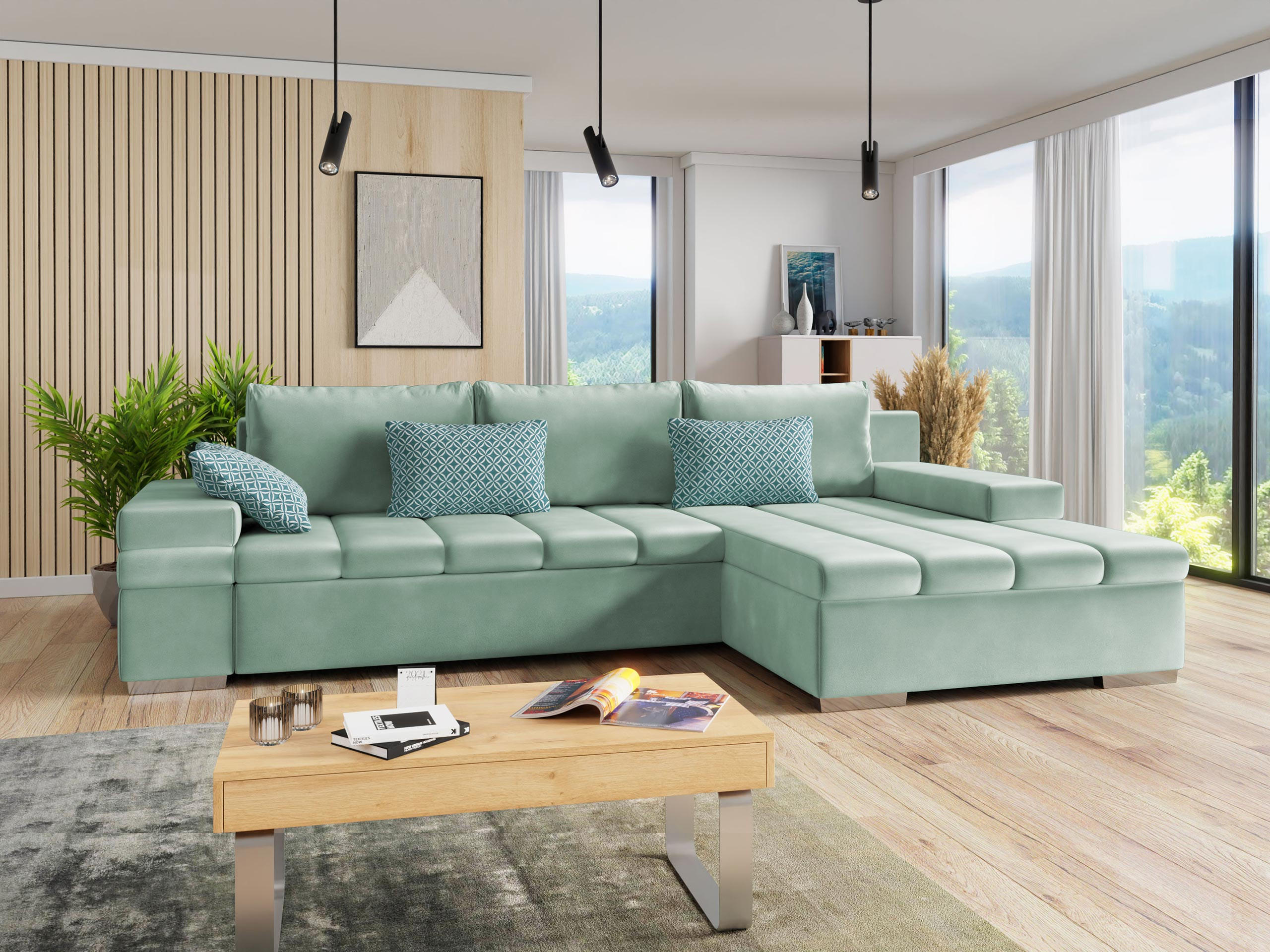 ECKSOFA Bangkok, Seite: Rechts - Silberfarben/Mintgrün, Holz/Textil (310/175cm) - MIRJAN24