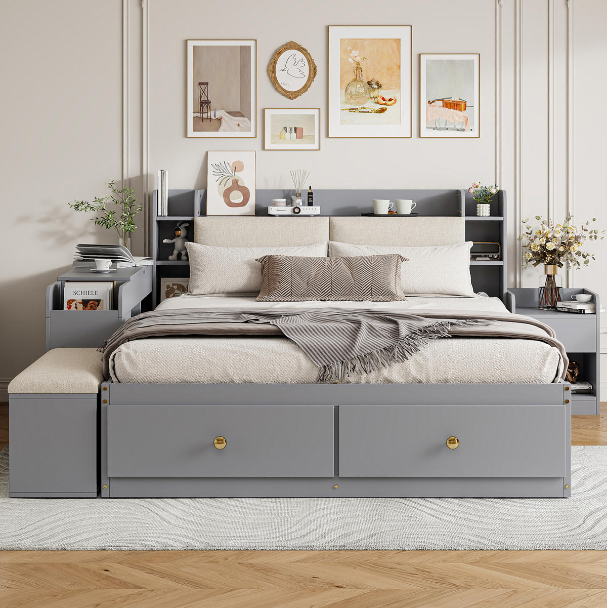 BETT mit Kopfteil 140/200 cm in Grau – mit Stauraum, Sideboard und inkl. Lattenrost - Grau, Holz (140/200cm) - BEAOK