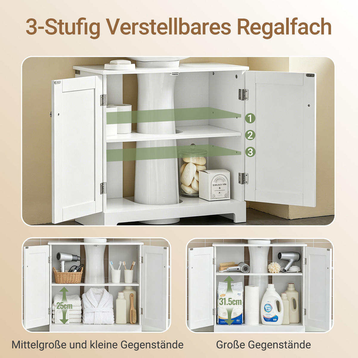 WASCHBECKEN-UNTERSCHRANK für Säulenwaschbecken, 60x60x29 cm, weiß, U-Aussparung, verstellbarer Boden, ohne Becken - Weiß, Holzwerkstoff (60/60/30cm) - SoBuy
