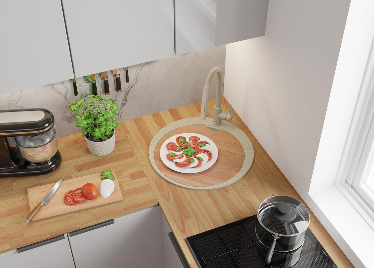 GRANITSPÜLE Pisa Max, 2-er set Beige 53/53 cm 1 Becken + Küchenarmatur 40/20 cm + Ablauf-Set + Schneidebrett ab 50er Unterschrank - Chromfarben/Beige, Kunststoff (53/20/53cm) - Primagran