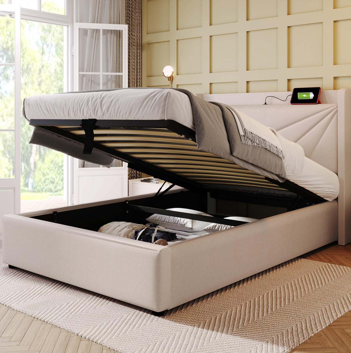 BETT mit Bettkasten und USB/Typ-C 90x200 cm Beige inkl. Matratze - Beige, Metall (90/200cm) - Meubliv