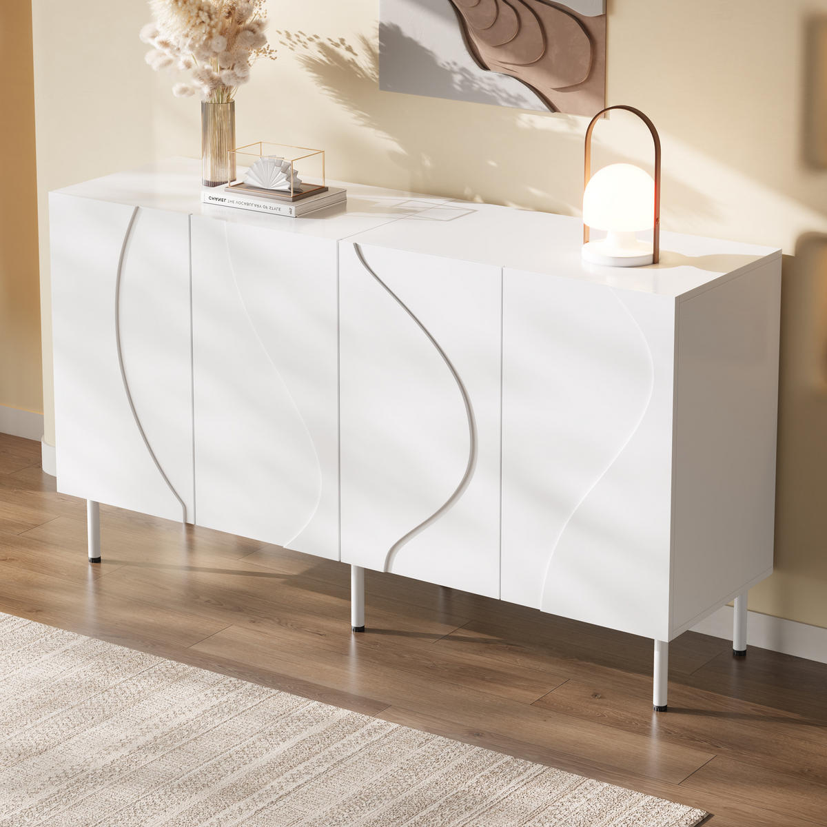 SIDEBOARD 3D Türen grifflos PB MDF Metallfüße modern - Weiß, Holzwerkstoff (40/77.5/140cm) - FLIEKS