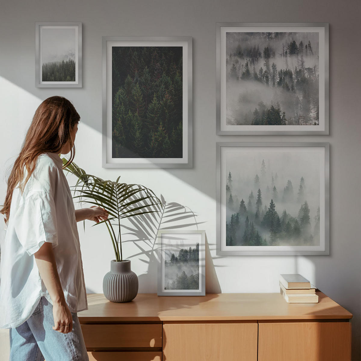 WANDBILDER 5er Set - 50x50 cm & 20x30 cm & 40x60 cm Silberner Rahmen - Grüne Wälder, neblige Landschaft - Silberfarben, Kunststoff (40/60cm) - ArtPrintCave