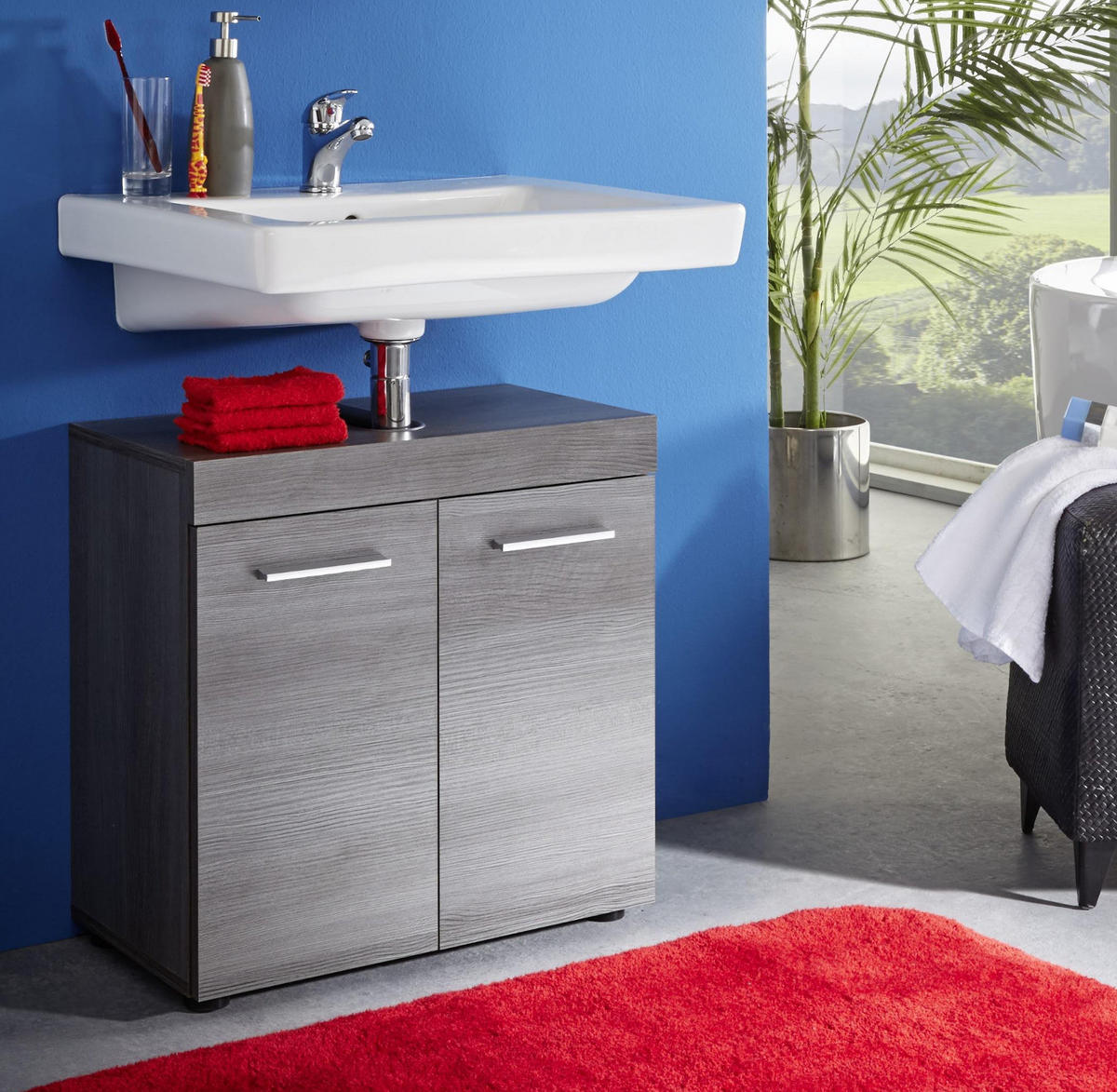 WASCHBECKENUNTERSCHRANK grau Rauchsilber 58 cm, Badschrank 2-türig - Silberfarben/Schwarz, Holzwerkstoff/Kunststoff (58/57/31cm) - Top.Furn