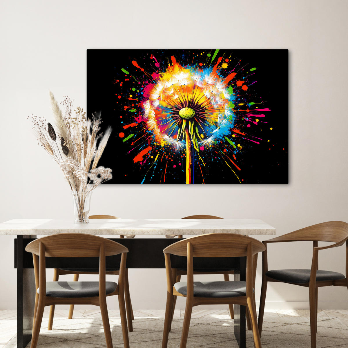 LEINWANDBILD Löwenzahn - Graffiti - Farbenfroh - Blumen - Natur Wohnzimmer 120x80 cm - Multicolor, Textil (120/80cm) - MuchoWow