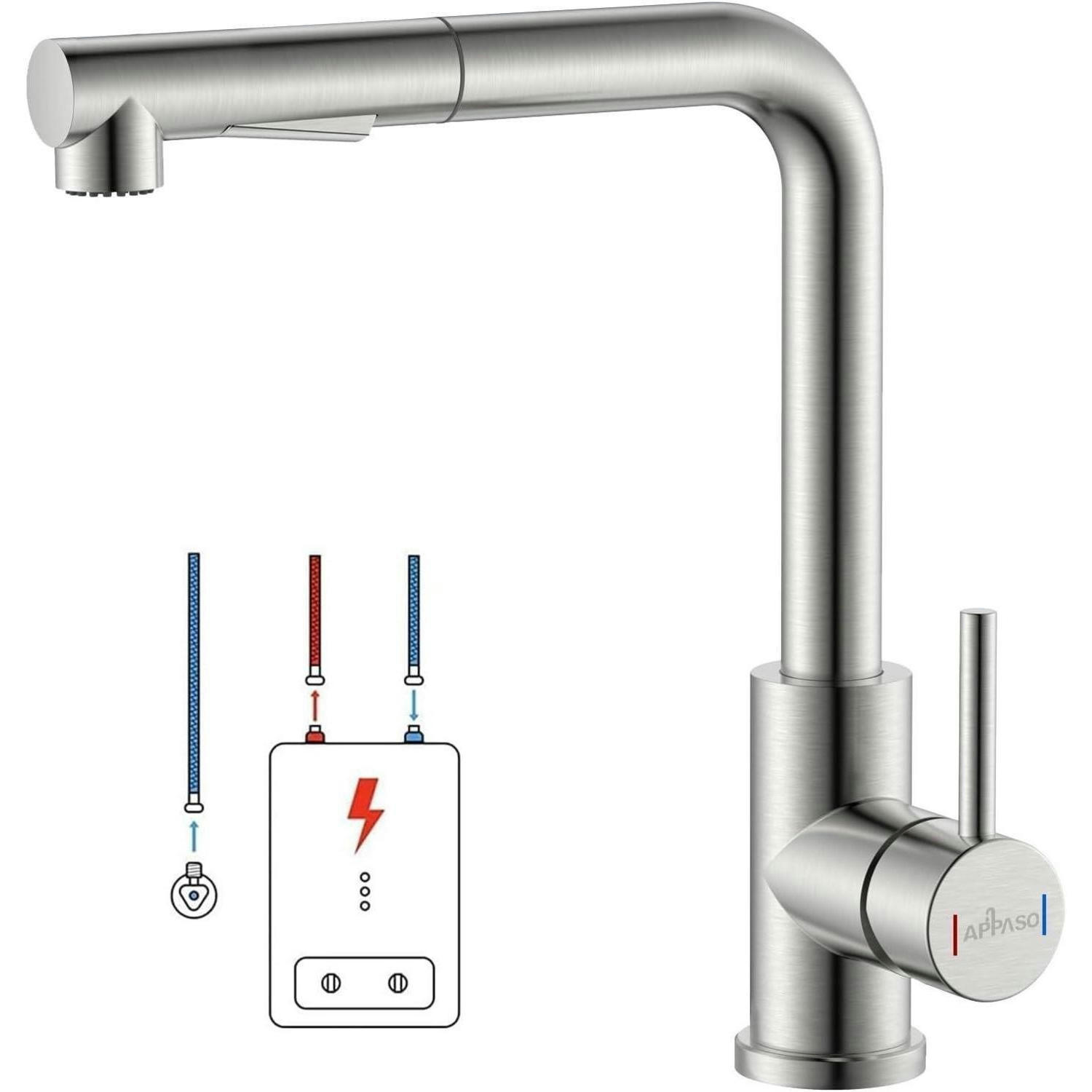 KÜCHENARMATUR Niederdruck mit Brause ausziehbar 3 Anschlüsse - Silberfarben, Metall (22.6/26.1/26.1cm)