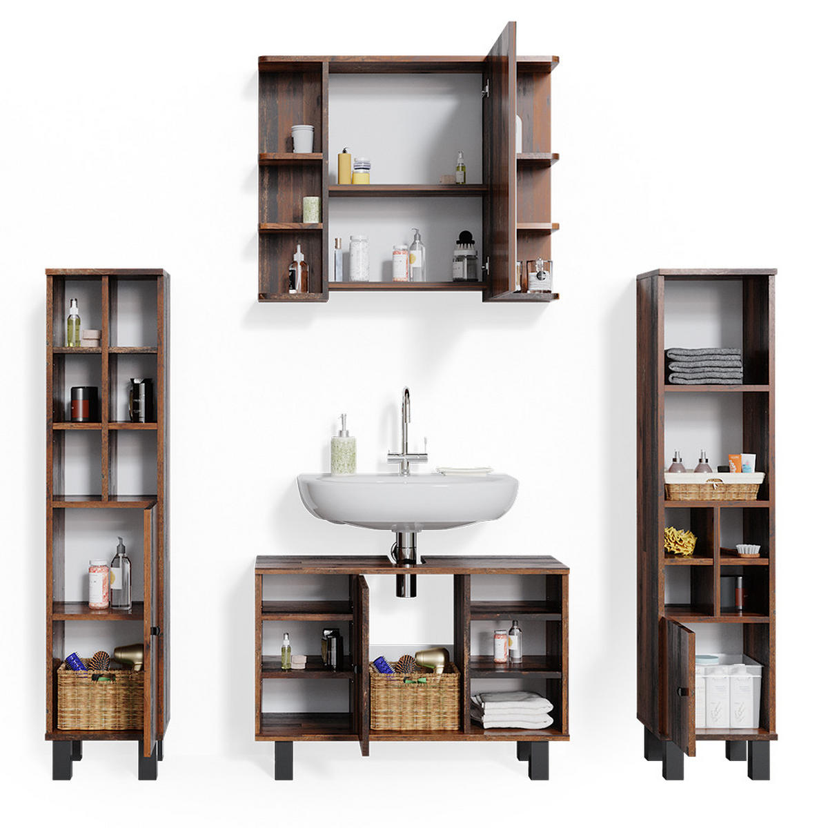BADMÖBEL-SET Fynn Eiche rustikal 4 Teile, mit Midischränke - Wildeiche, Holzwerkstoff (60/54/32cm) - Vicco