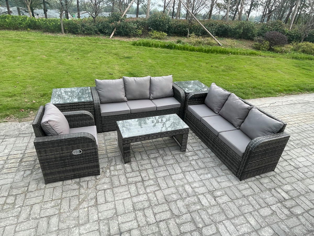 GARTENSOFA SET mit rechteckigem COUCHTISCH Polyrattan 7-Sitzer Dunkelgrau - Dunkelgrau/Grau, Glas/Kunststoff - Fimous