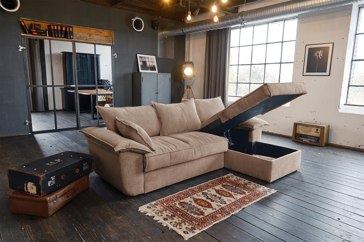 ECKSOFA DAMETO Braun Cord - Dunkelbraun/Schwarz, Kunststoff/Textil (266/174cm) - KAWOLA