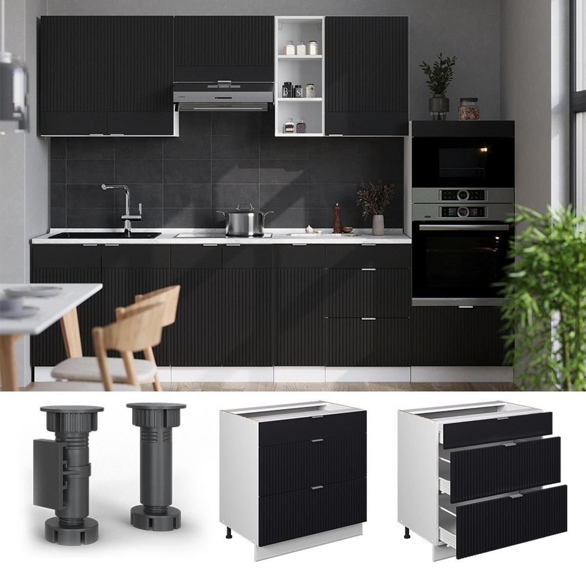 KÖKSUNDERSKÅP Fame-Line Svart randig 80 cm med 3 lådor, AP ek - Vit/Svart, Träbaserade material (80/82/60cm) - Vicco