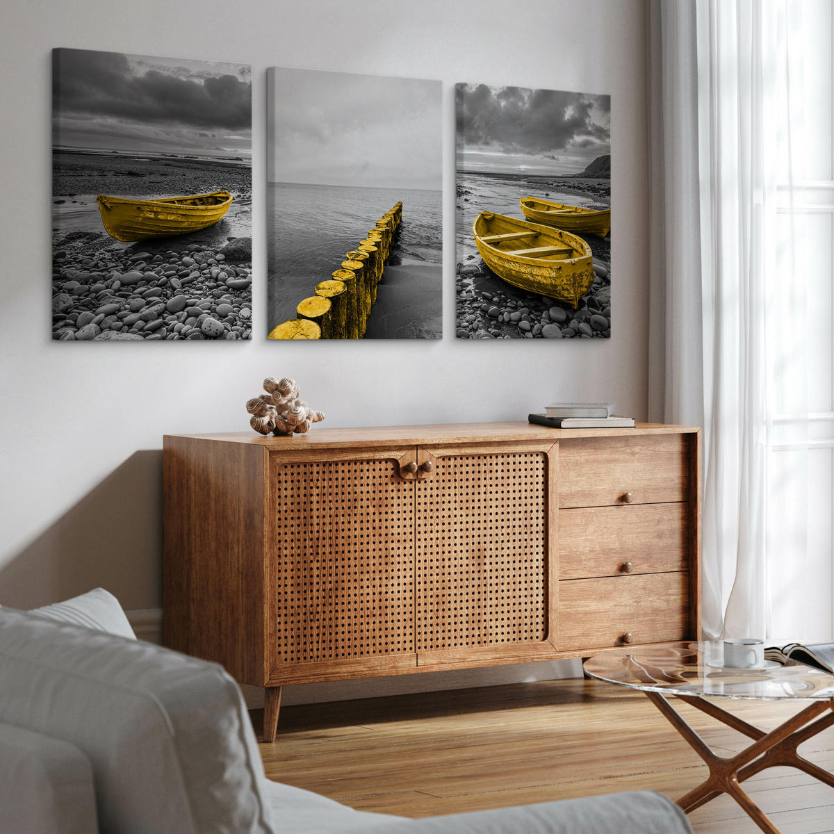 LEINWANDBILDER 3-es Set Boote Meer 3D - Gelb/Schwarz, Textil (90/40cm) - Muralo