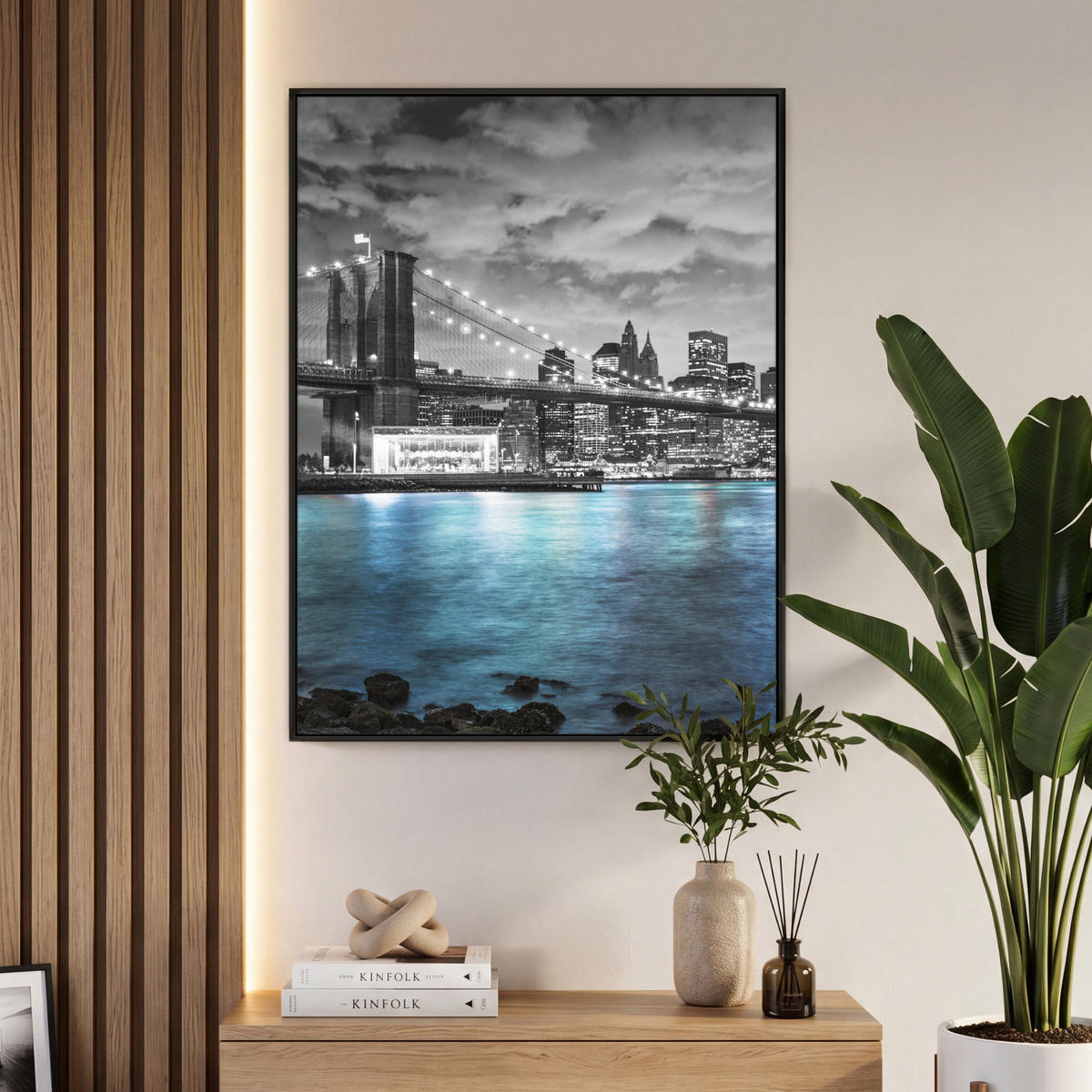 LEINWAND Bilder mit Rahmen - New York - Skyline - Stadt - Blau - 70x100 - Blaugrau, Textil (70/100cm) - MuchoWow