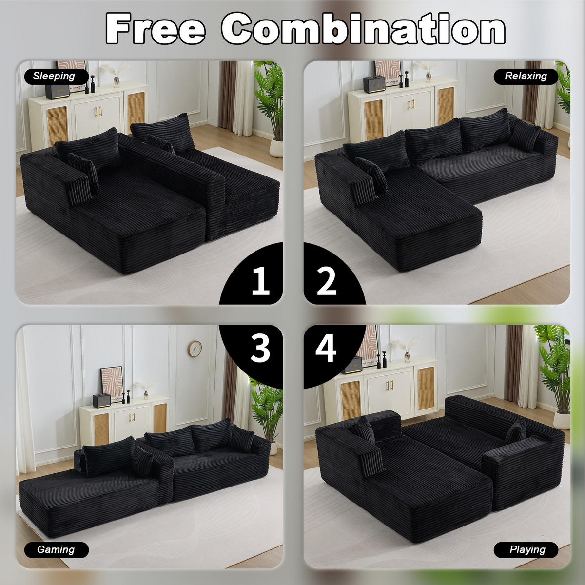 SOFA mit Chaise 2-teilig Schwarz Cord - Schwarz, Kunststoff (179/279cm) - Meubliv