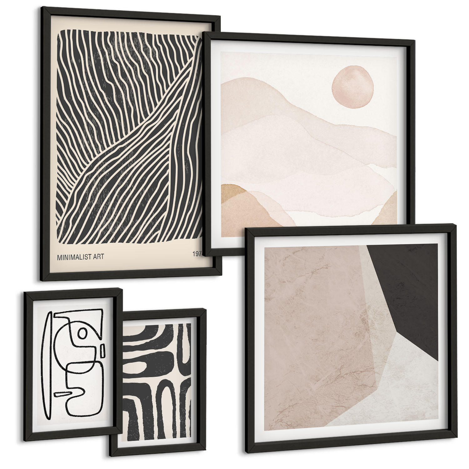 BILDER SET 5er Set - 50x50 cm & 20x30 cm & 40x60 cm Schwarzer Rahmen - Abstrakte Muster mit Linien - Schwarz, Kunststoff (40/60cm) - TULUP