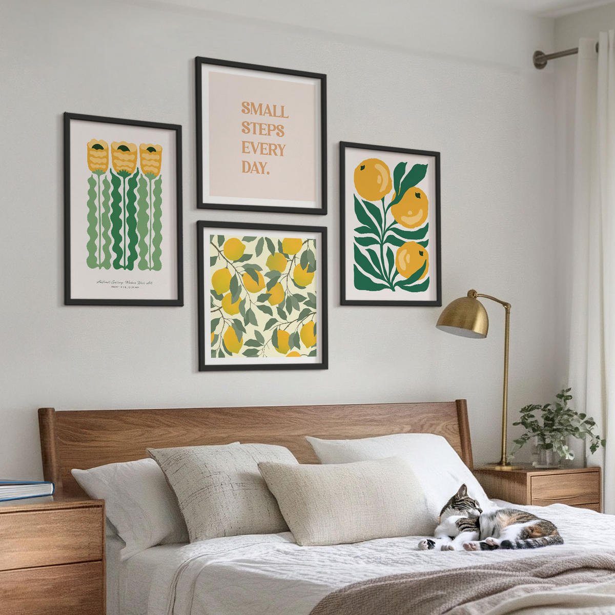 BILDER SET 4er Set - 50x50 cm & 40x60 cm Schwarzer Rahmen - Pflanzenmuster mit Blumen - Schwarz, Kunststoff (50/50cm) - TULUP