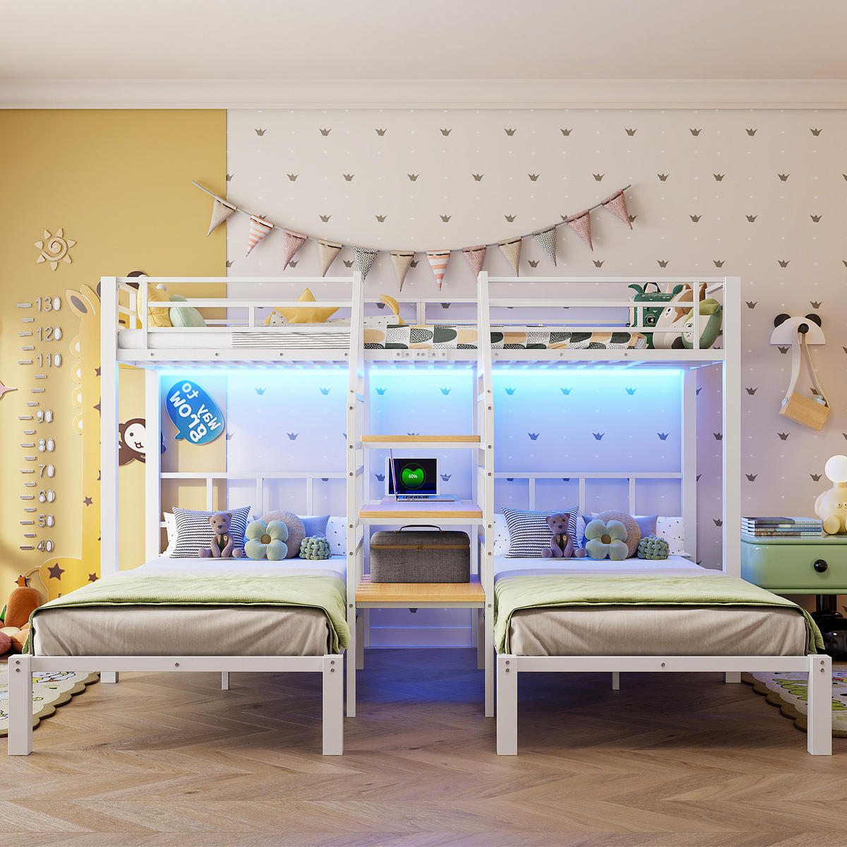 ETAGENBETT 90/200 cm für 3 Personen mit LED-Beleuchtung und Schreibtisch in Weiß - Weiß, Metall (90/200cm) - BEAOK