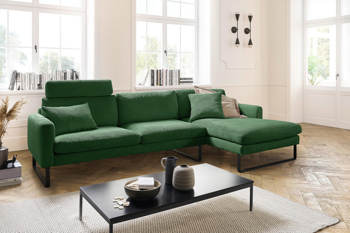 ECKSOFA RICARDA Smaragdgrün Cord - Smaragdgrün/Schwarz, Textil/Metall (298/154cm) - KAWOLA