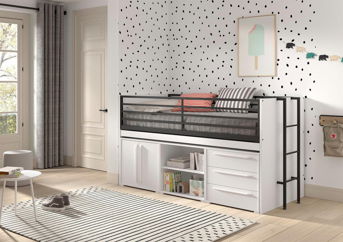 HALBHOCHBETT 90x200 Keelia Weiß mit Schreibtisch Stauraum Set - Weiß, Kunststoff - 58aufmkessel