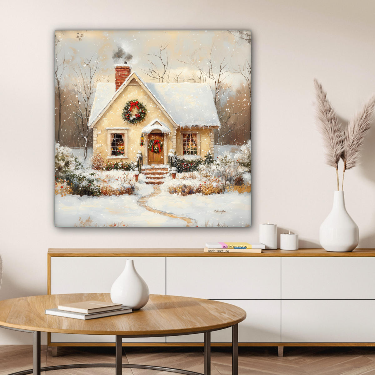 LEINWANDBILD Weihnachten - Zuhause - Winter - Schnee Deko Groß 90x90 cm - Creme, Textil (90/90cm) - MuchoWow