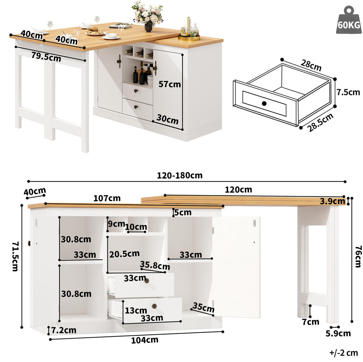BARTISCH 120-180/40/76 cm ausziehbar mit Stauraum und 360°-Drehfunktion - Naturfarben, Holzwerkstoff (40/180/76cm) - BEAOK