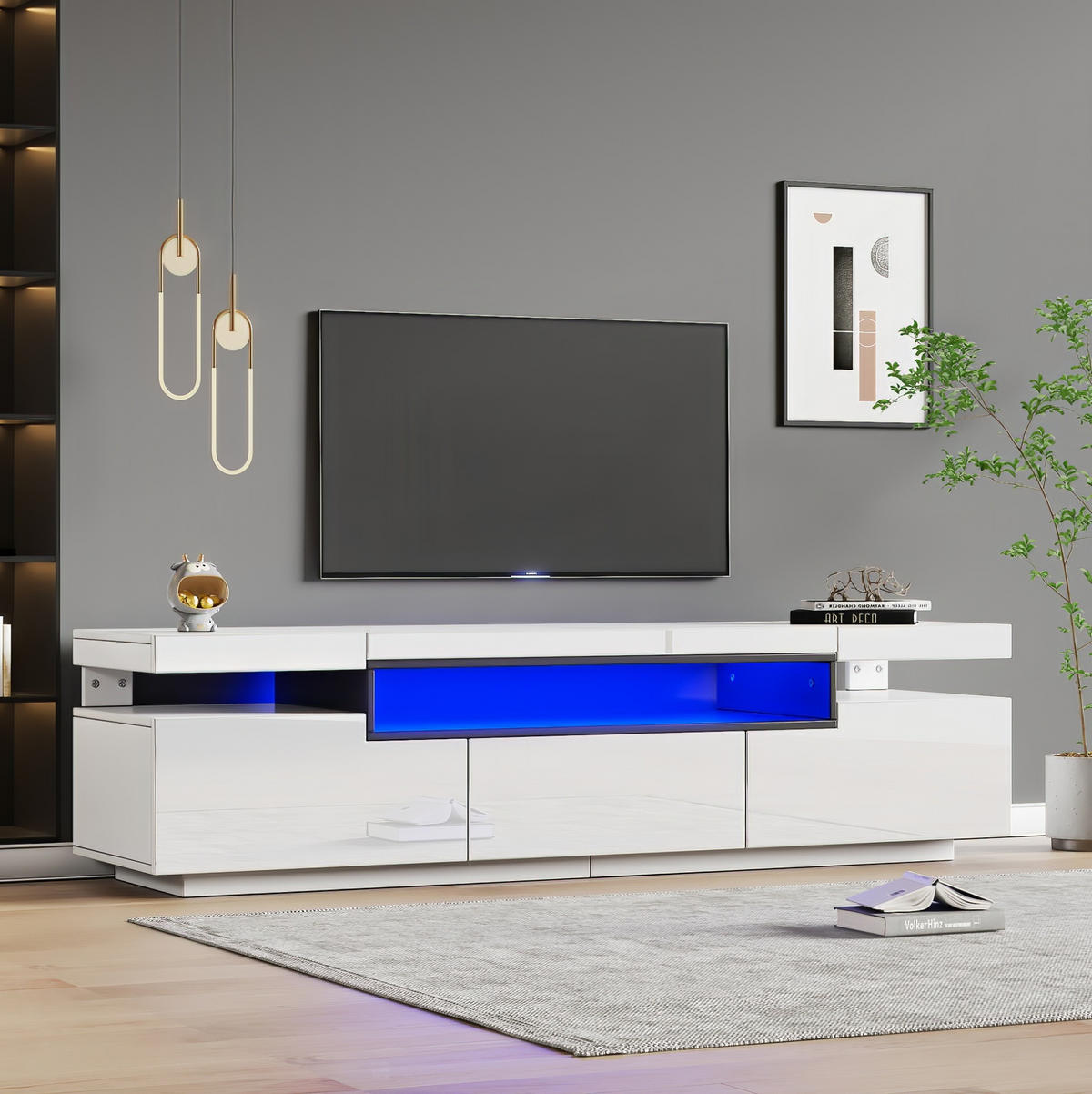 TV-SCHRANK aus Holzwerkstoff 160x39x42 cm Weiß mit 3 Schubladen, LED-Beleuchtung und Hochglanzfront - Weiß, Holzwerkstoff (160/42/39cm) - Modfu