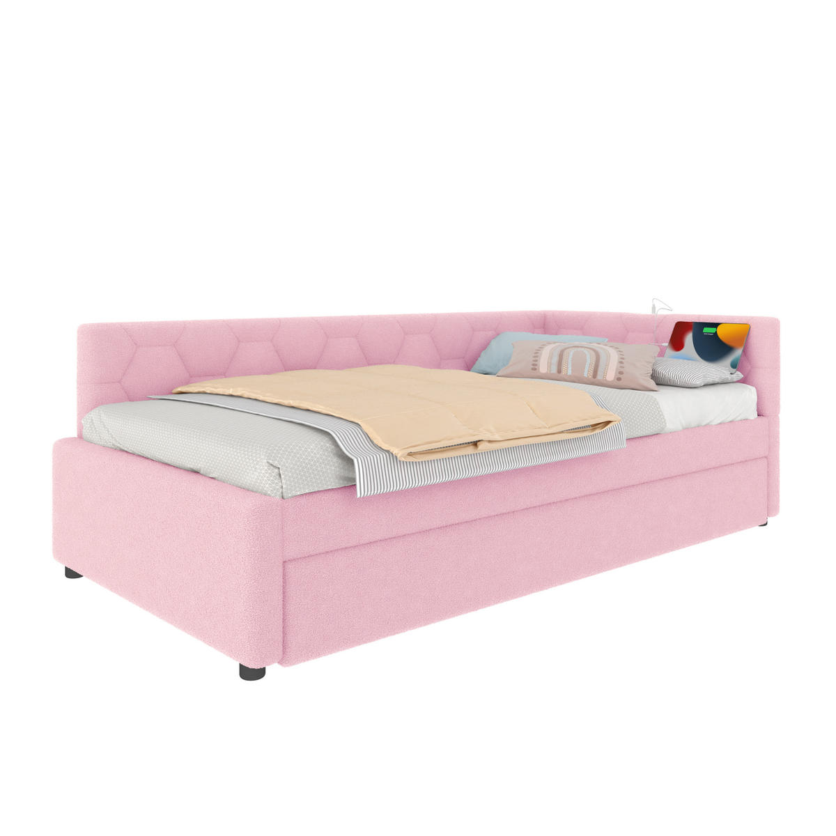 POLSTERBETT 90/200 cm rosa mit Ausziehbett und USB-Anschluss - Rosa, Textil (90/200cm) - OKWISH