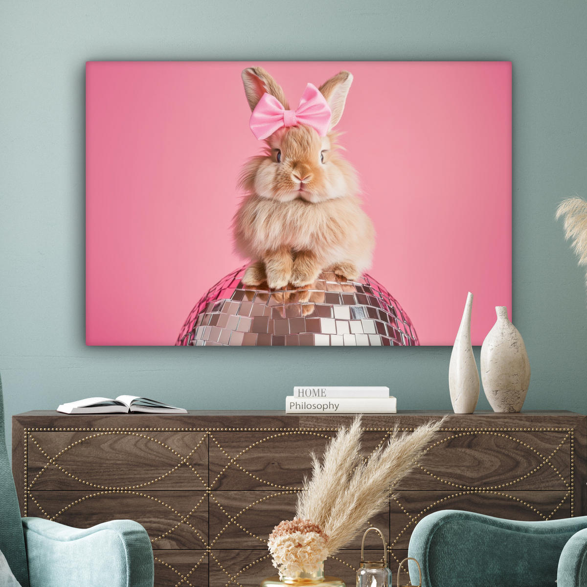 LEINWANDBILD Schleife - Discoball - Kaninchen XXL 150x100 cm - Pink, Textil (150/100cm) - MuchoWow