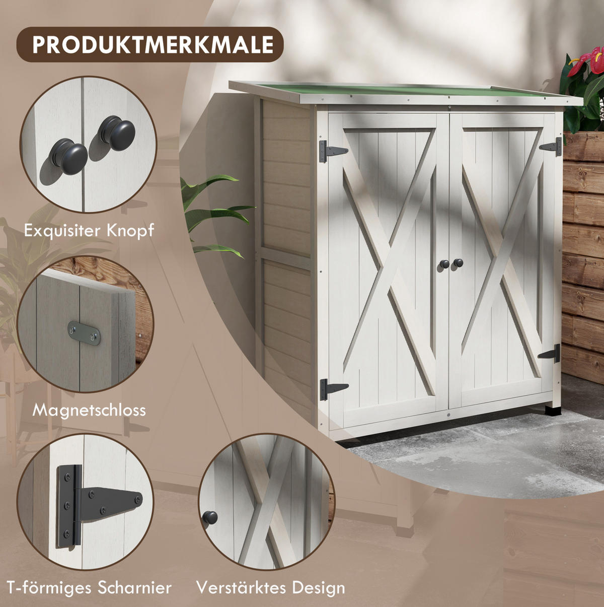 GARTENSCHRANK aus Holz 110x55x117cm in Hellgrau mit 2 Türen & schrägem Asphalt-Dach - Hellgrau, Holz (55/117/110cm) - Modfu
