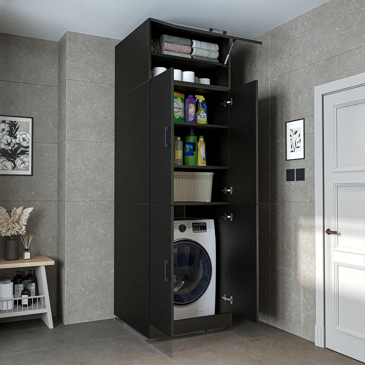 WASCHMASCHINENSCHRANK DORA-II 70cm Breit, 230cm Hoch - Schwarz, Holzwerkstoff (70/230/74cm)